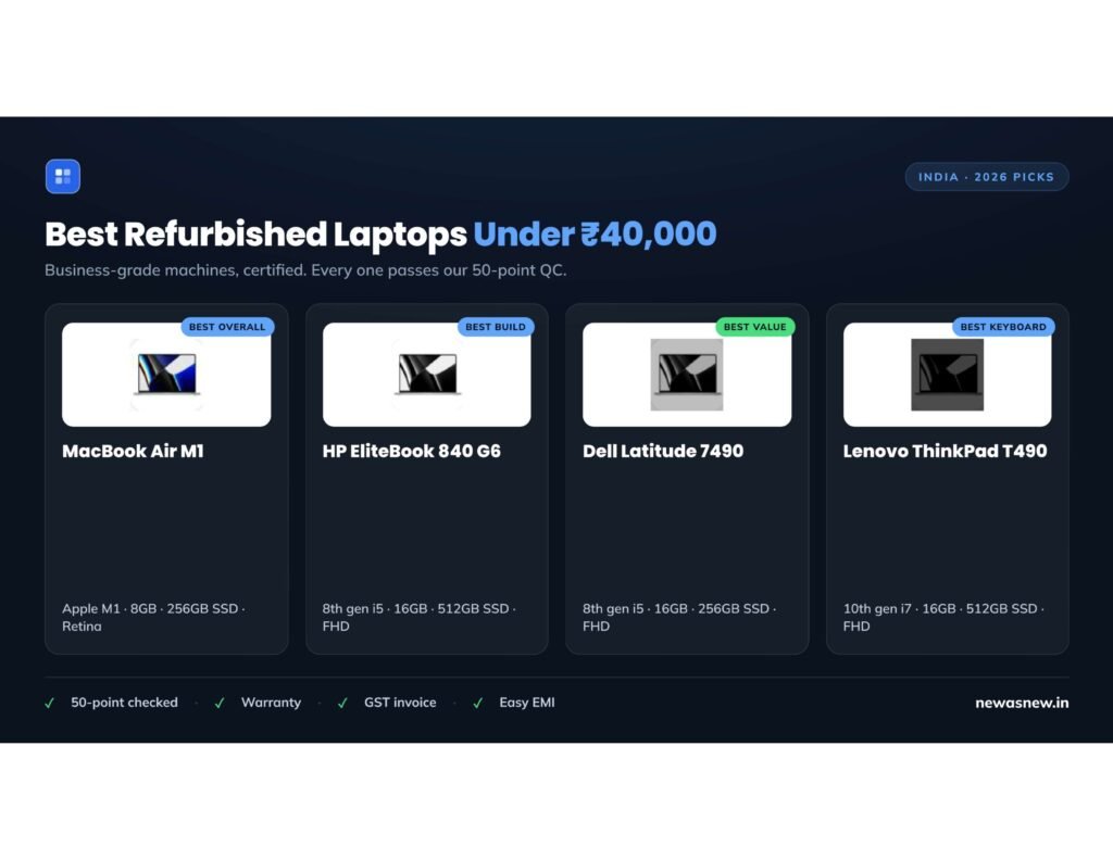 Best refurbished laptops under Rs 40,000 in India 2026 — MacBook Air M1, HP EliteBook 840 G6, Dell Latitude 7490, Lenovo ThinkPad T490