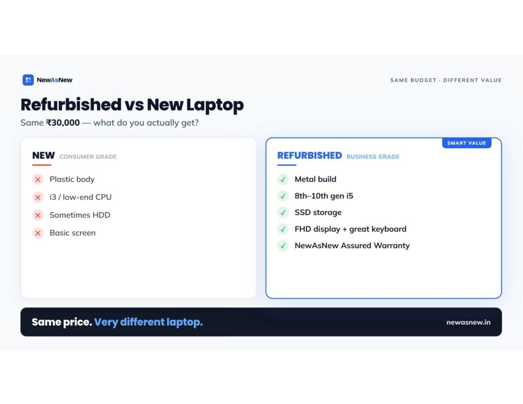 Refurbished vs new laptop in India at Rs 30,000 — refurbished business laptop offers metal build, i5 and SSD versus new consumer plastic
