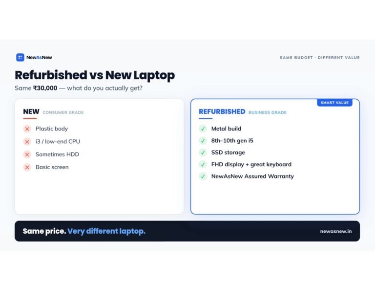 Refurbished vs new laptop in India at Rs 30,000 — refurbished business laptop offers metal build, i5 and SSD versus new consumer plastic