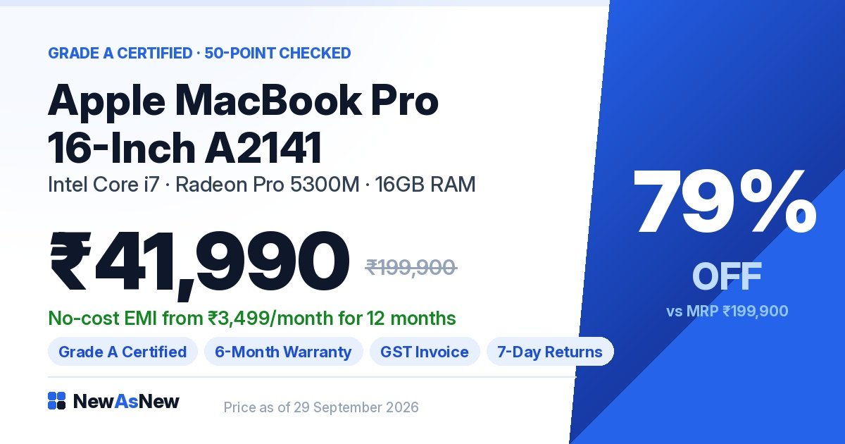 Apple MacBook Pro 16-inch A2141 Core i7 with 16GB RAM and 512GB SSD at ₹41,990, 79% off MRP ₹1,99,900, Grade A Certified