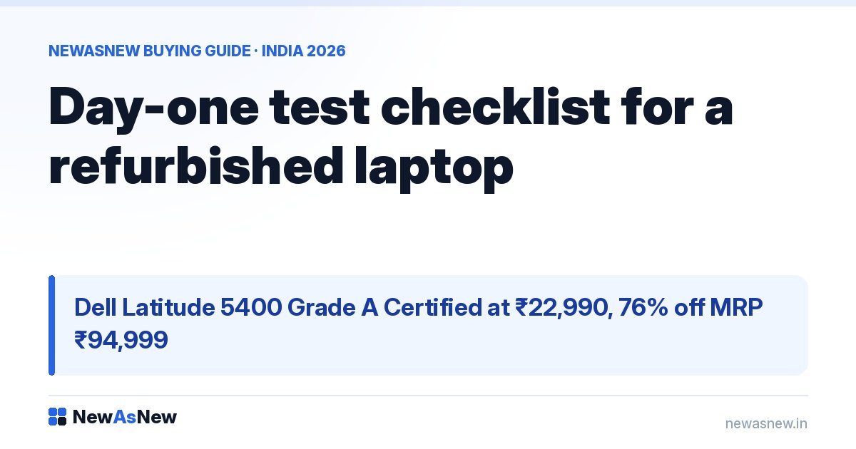 Day-one test checklist for a refurbished laptop — Dell Latitude 5400 Grade A Certified at ₹22,990, 76% off MRP ₹94,999