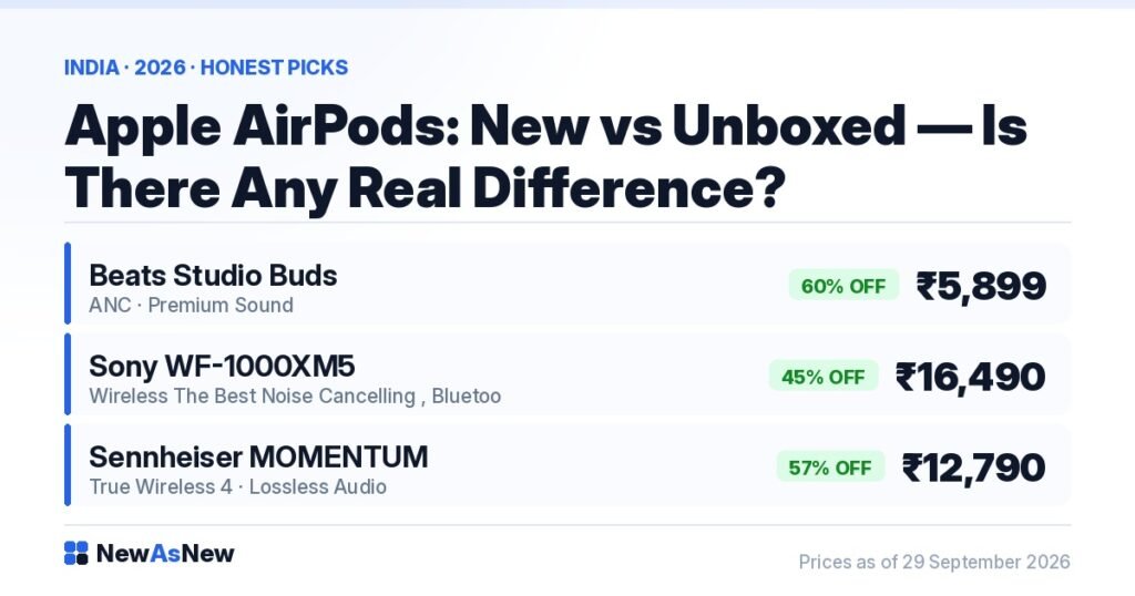 Apple AirPods new vs unboxed in India 2026 — no AirPods in stock at NewAsNew today, with Beats Studio Buds at ₹5,899 (60% off) and Sony WF-1000XM5 at ₹16,490 (45% off) as in-stock alternatives