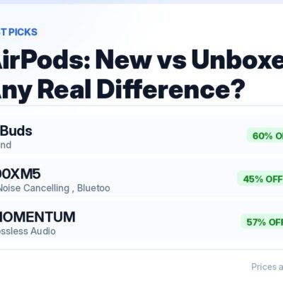 Apple AirPods new vs unboxed in India 2026 — no AirPods in stock at NewAsNew today, with Beats Studio Buds at ₹5,899 (60% off) and Sony WF-1000XM5 at ₹16,490 (45% off) as in-stock alternatives