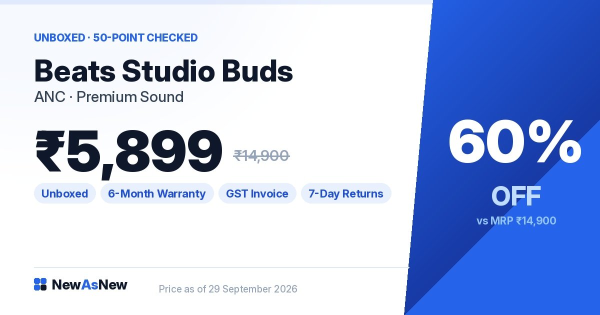 Unboxed Beats Studio Buds by Apple true wireless noise cancelling earbuds at ₹5,899, 60% off their ₹14,900 MRP, in stock at NewAsNew