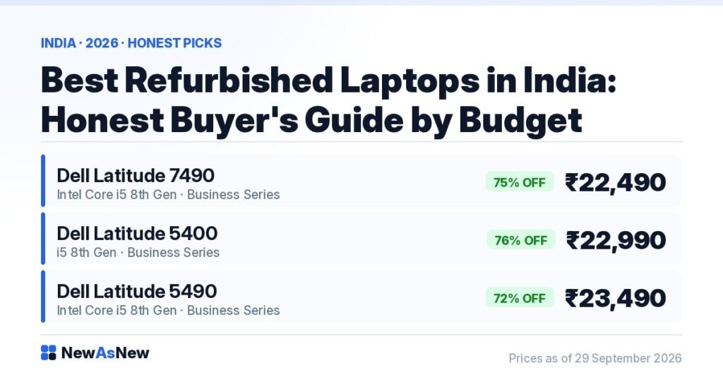Best refurbished laptops in India 2026 by budget — Dell Latitude 7490 at ₹22,490 (75% off), HP EliteBook 840 G8 at ₹34,990 (61% off) and Dell Precision 5550 at ₹53,990 (68% off), all in stock
