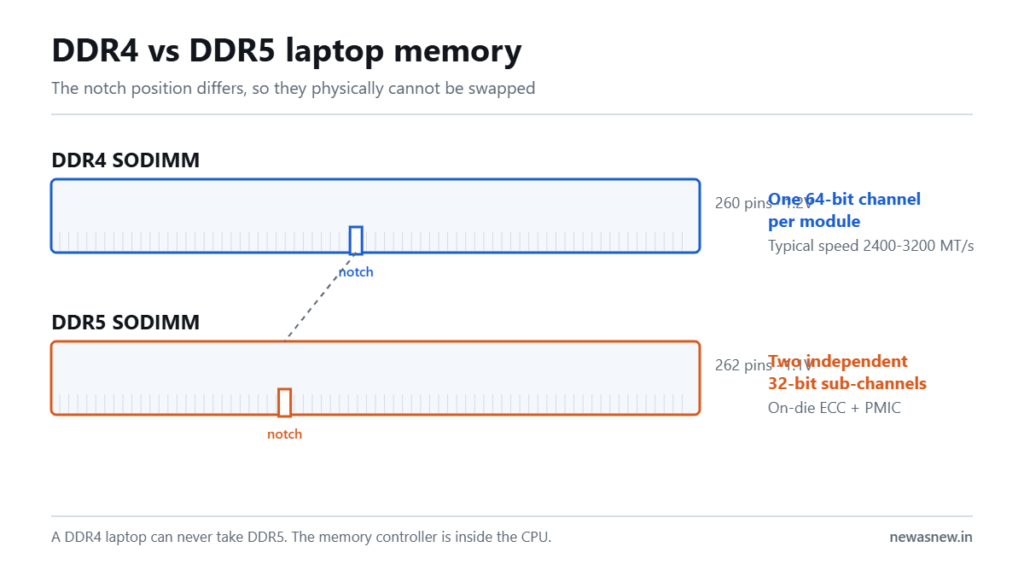 Diagram comparing a DDR4 SODIMM at 260 pins with a DDR5 SODIMM at 262 pins, showing the different notch positions and channel architecture