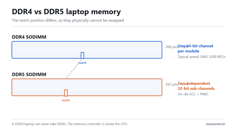 Diagram comparing a DDR4 SODIMM at 260 pins with a DDR5 SODIMM at 262 pins, showing the different notch positions and channel architecture