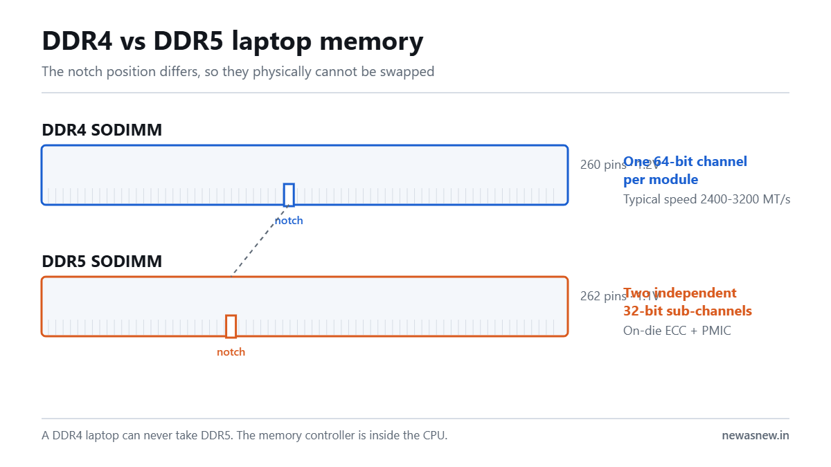 Diagram comparing a DDR4 SODIMM at 260 pins with a DDR5 SODIMM at 262 pins, showing the different notch positions and channel architecture