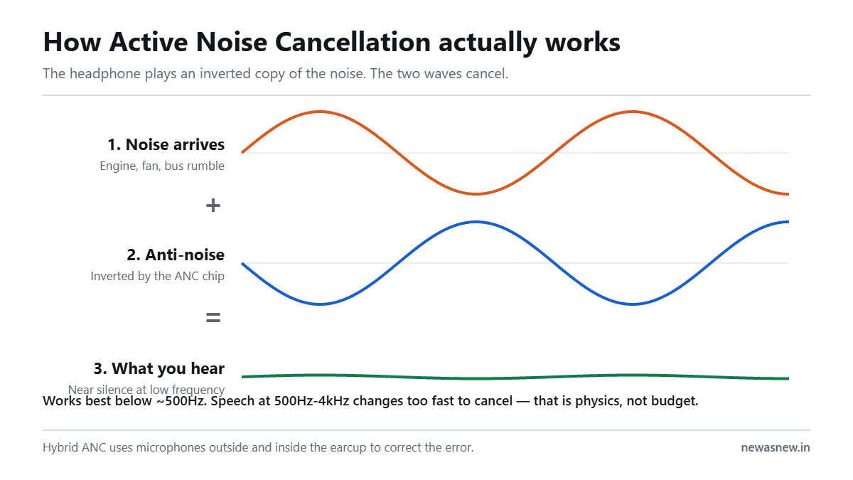 Diagram showing an incoming noise wave, an inverted anti-noise wave produced by the headphone, and the near-flat result the listener hears