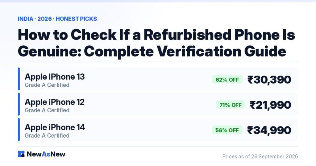 How to check if a refurbished phone is genuine in India 2026 — IMEI, Activation Lock, Parts and Service History and battery health checks, with the Grade A Certified iPhone 13 at ₹30,390 (62% off)