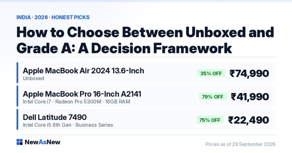 Unboxed vs Grade A Certified decision framework — MacBook Air 2024 M3 Unboxed at ₹74,990 (35% off) vs MacBook Pro 16-inch Grade A at ₹41,990 (79% off)