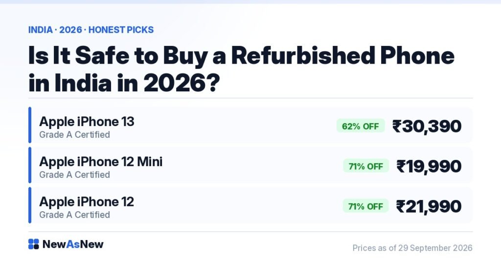 Is it safe to buy a refurbished phone in India in 2026 — Grade A Certified iPhone 13 at ₹30,390 (62% off ₹79,900) with IMEI verification, warranty and 7-day returns