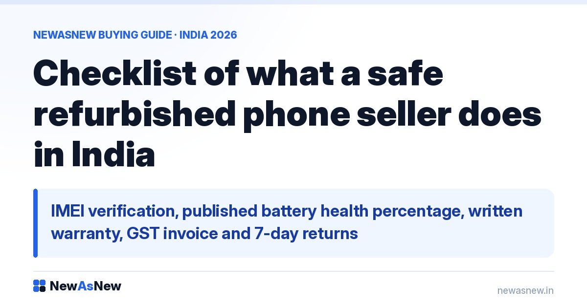 Checklist of what a safe refurbished phone seller does in India — IMEI verification, published battery health percentage, written warranty, GST invoice and 7-day returns