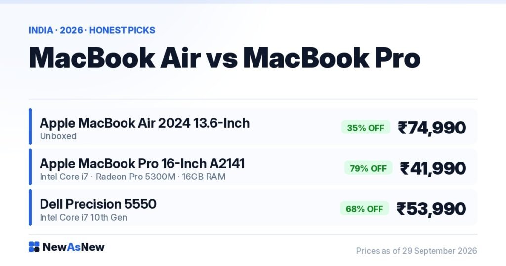 MacBook Air M3 Unboxed at ₹74,990 (35% off) next to MacBook Pro 16-inch Intel Core i7 at ₹41,990 (79% off) on NewAsNew India