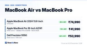 MacBook Air M3 Unboxed at ₹74,990 (35% off) next to MacBook Pro 16-inch Intel Core i7 at ₹41,990 (79% off) on NewAsNew India