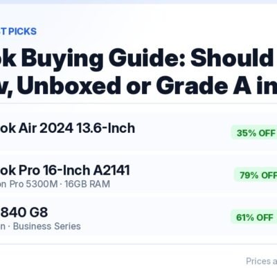 MacBook buying guide India 2026 — Unboxed MacBook Air M3 at ₹74,990 (35% off) and Grade A MacBook Pro 16-inch A2141 Intel i7 at ₹41,990 (79% off), both in stock at NewAsNew