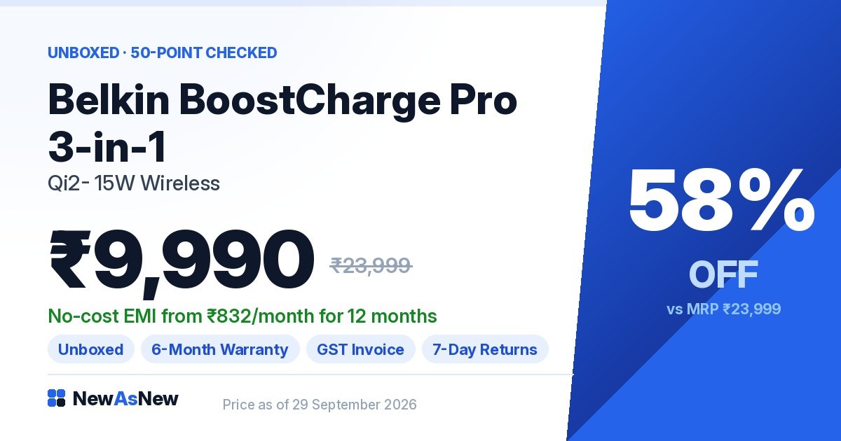 Belkin BoostCharge Pro 3-in-1 Qi2 magnetic charging travel pad at ₹9,990, 58% off MRP ₹23,999