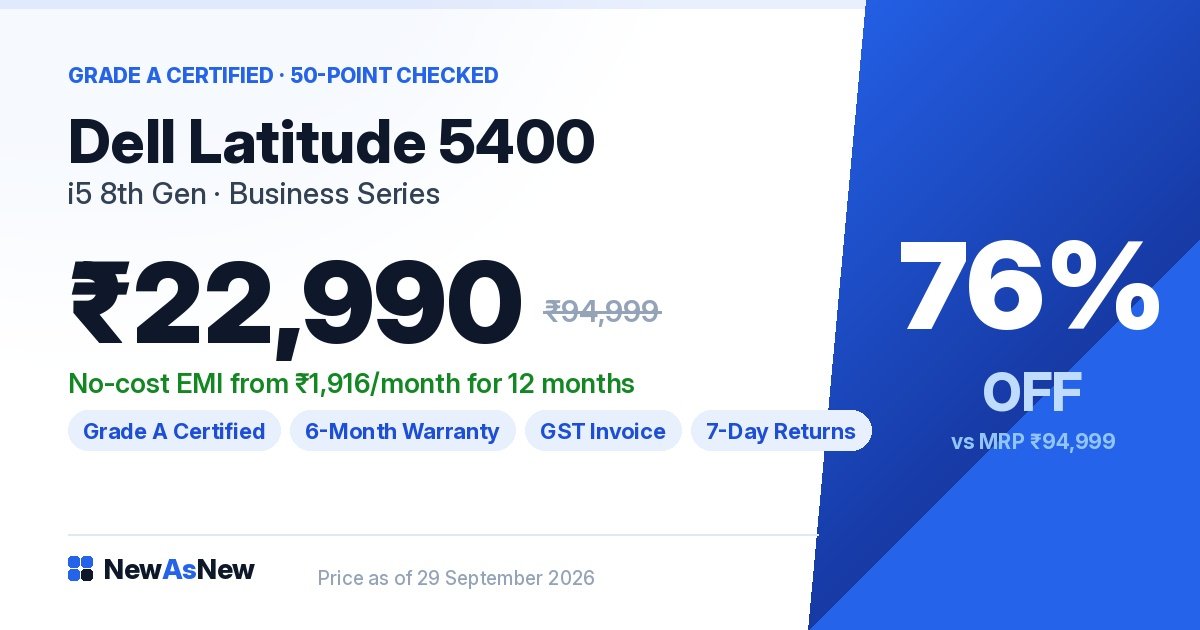 Starting a NewAsNew warranty claim on WhatsApp for a Dell Latitude 5400 Grade A Certified at ₹22,990, 76% off MRP ₹94,999