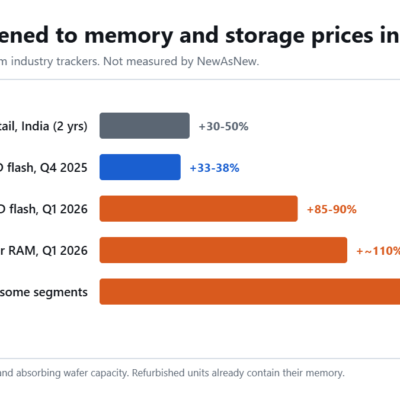 Bar chart of reported 2026 price increases: SSD retail in India up 30 to 50 percent, NAND flash up 85 to 90 percent in Q1 2026, DDR5 consumer RAM up about 110 percent