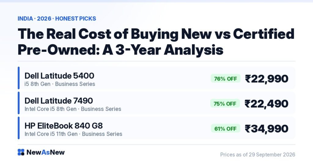 Three-year cost of ownership, new versus certified pre-owned laptop — Dell Latitude 5400 Core i5 8th Gen at ₹22,990, 76% off MRP ₹94,999
