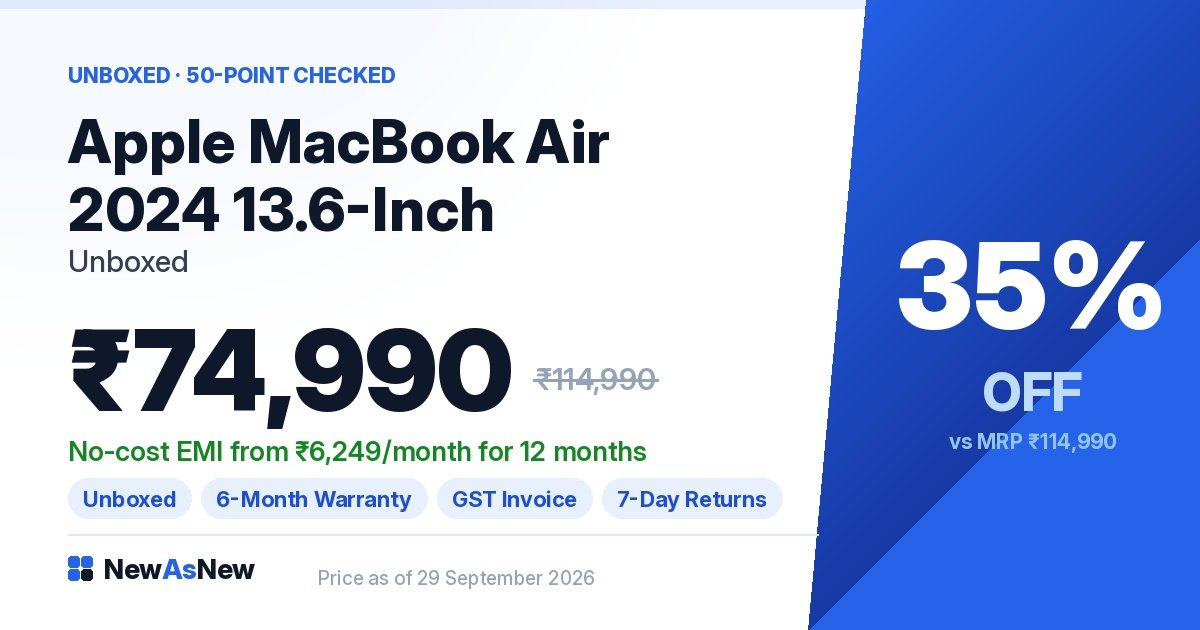 MacBook Air M3 13.6-inch Unboxed ₹74,990 at 35% off — fanless Apple Silicon laptop for Indian students and freelancers