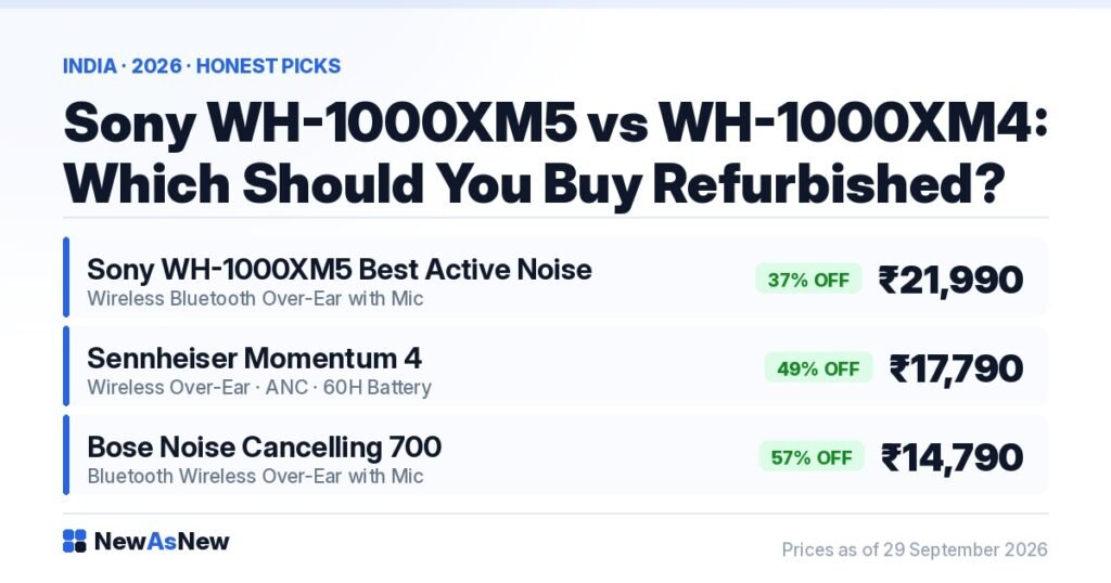 Sony WH-1000XM5 vs WH-1000XM4 refurbished India 2026 — Unboxed WH-1000XM5 in stock at ₹21,990, 37% off its ₹34,990 MRP, while the WH-1000XM4 is out of stock