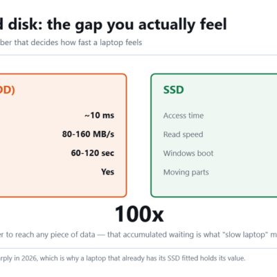 Comparison panel showing hard disk access time of about 10 milliseconds against SSD access time of about 0.1 milliseconds, with read speeds and Windows boot times