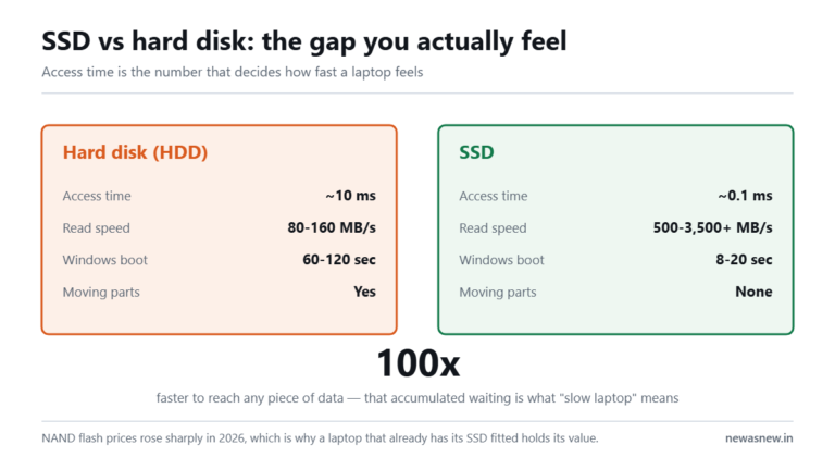 Comparison panel showing hard disk access time of about 10 milliseconds against SSD access time of about 0.1 milliseconds, with read speeds and Windows boot times