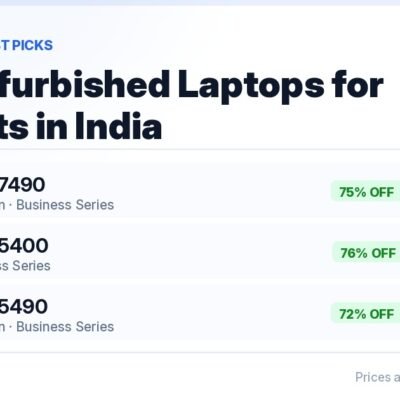 Best refurbished laptops for students in India 2026 — Dell Latitude 7490 at ₹22,490, Latitude 5400 at ₹22,990 and Latitude 7400 at ₹24,990, all in stock with 72–76% off MRP